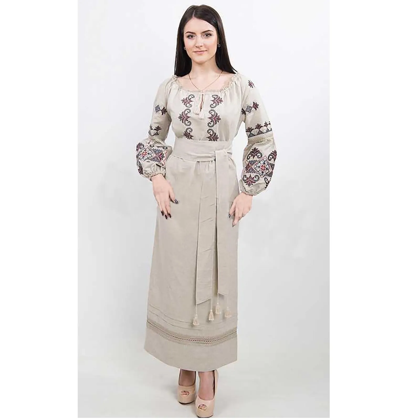 Embroidered ethnic dress with lace in Ukrainian style