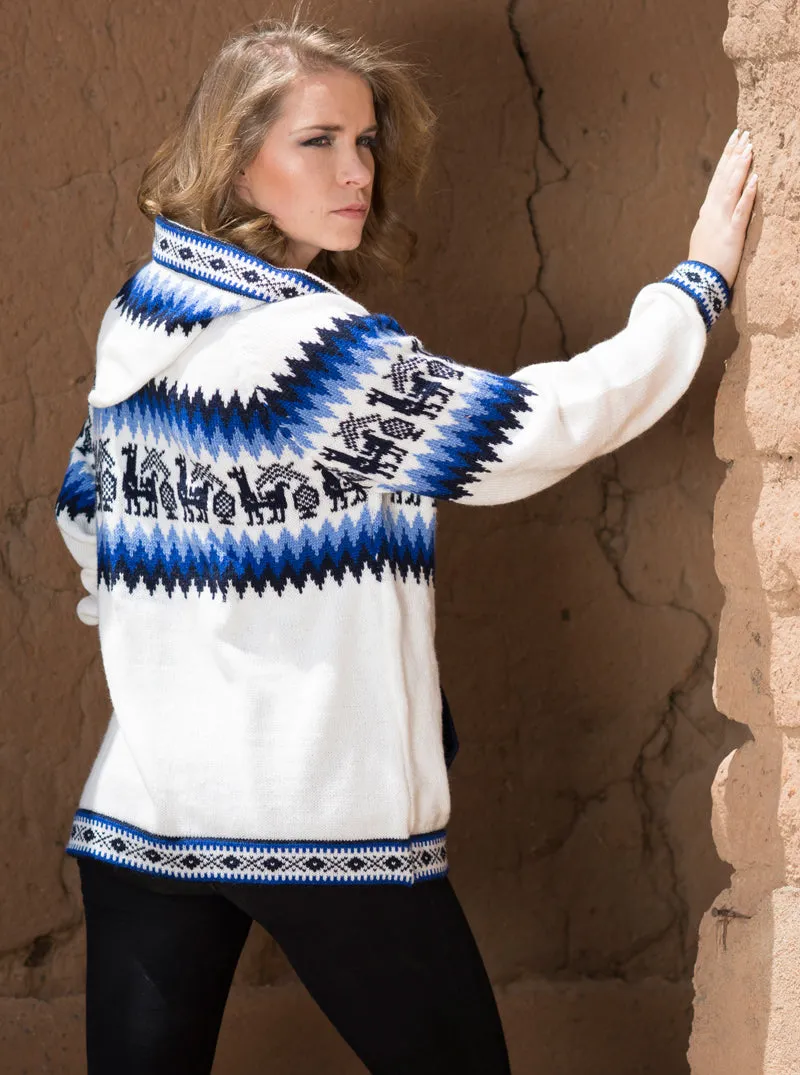 Fair Isle Alpaca Hoodie for Women | White Full Zip Sweater