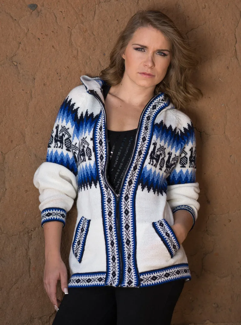 Fair Isle Alpaca Hoodie for Women | White Full Zip Sweater