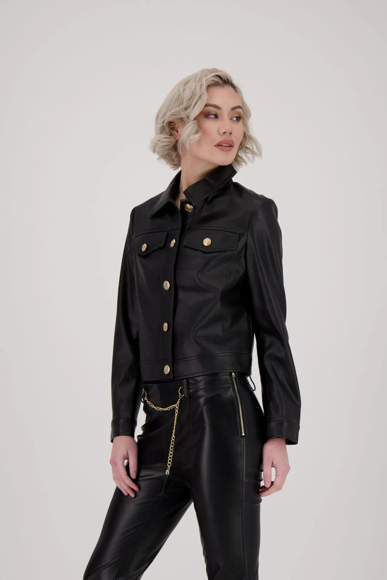 Faux Leather Gold Buttoned Jacket