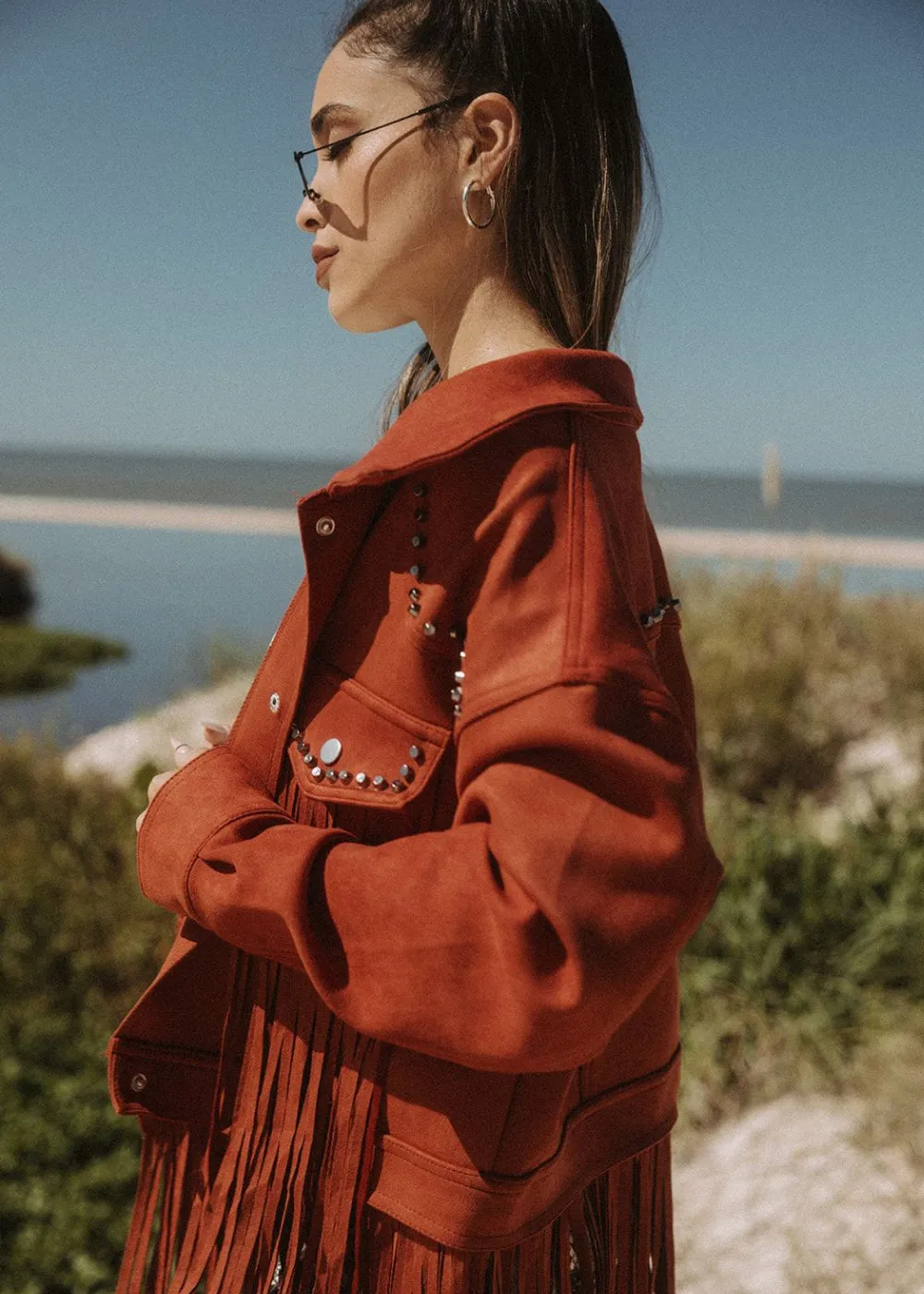 Festival Ready Red Fringe Jacket with Studs