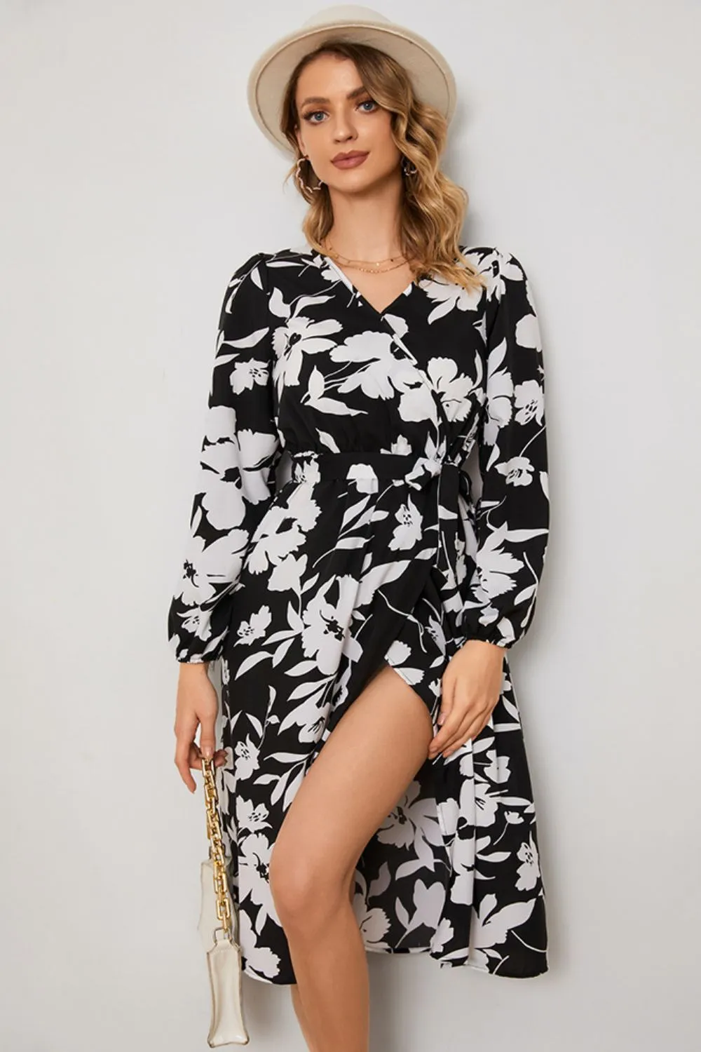 Floral Surplice Neck Tie Waist Dress