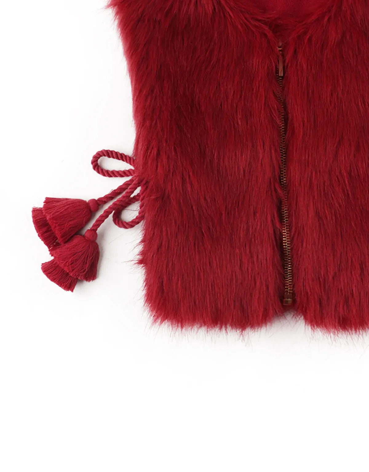 GIRLS FUR GILET WITH SIDE ROPE TIES AND TASSELS