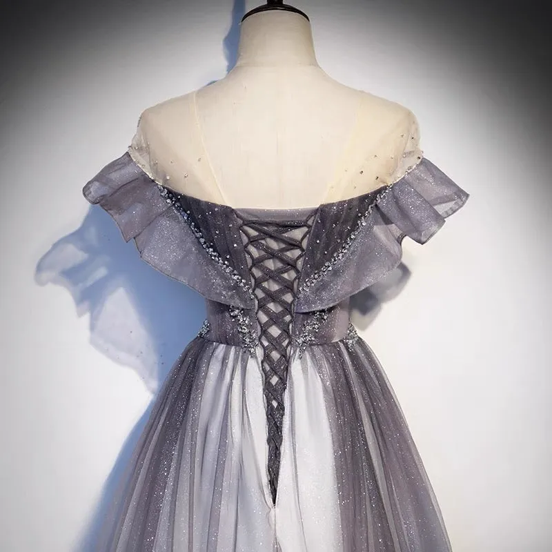 Glitter Grey Gradient Tulle Long Prom Dance Dress