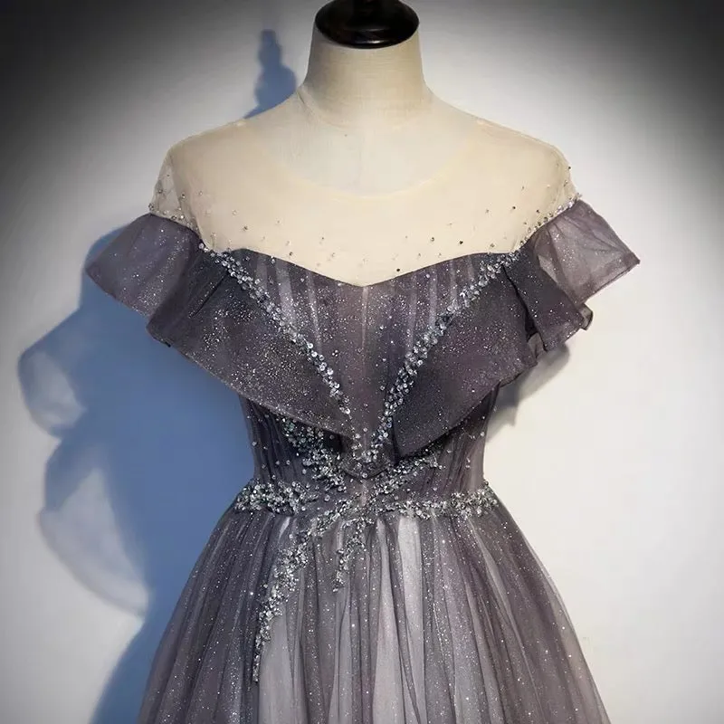 Glitter Grey Gradient Tulle Long Prom Dance Dress