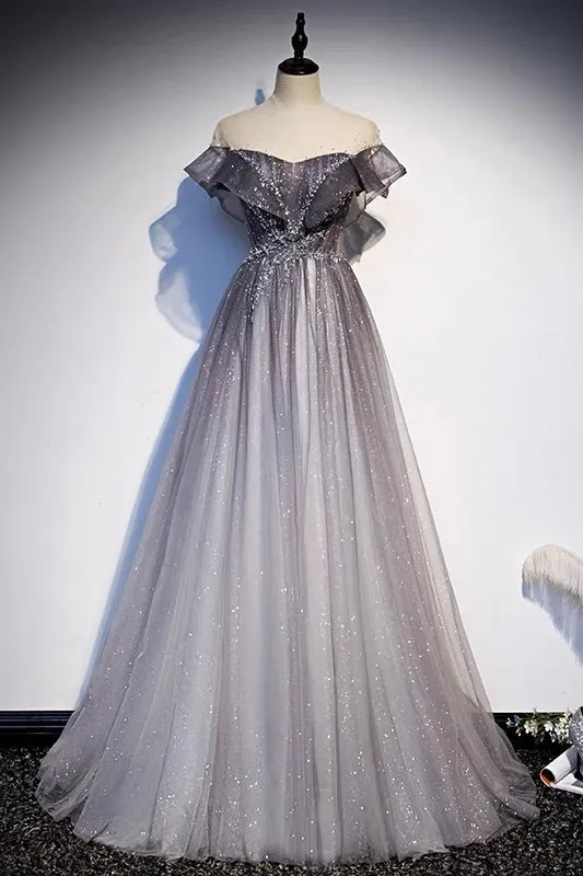 Glitter Grey Gradient Tulle Long Prom Dance Dress