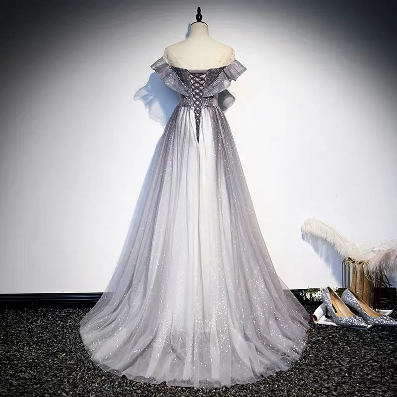 Glitter Grey Gradient Tulle Long Prom Dance Dress