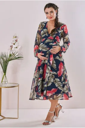 Goddiva Maternity Printed Wrap Midi Navy