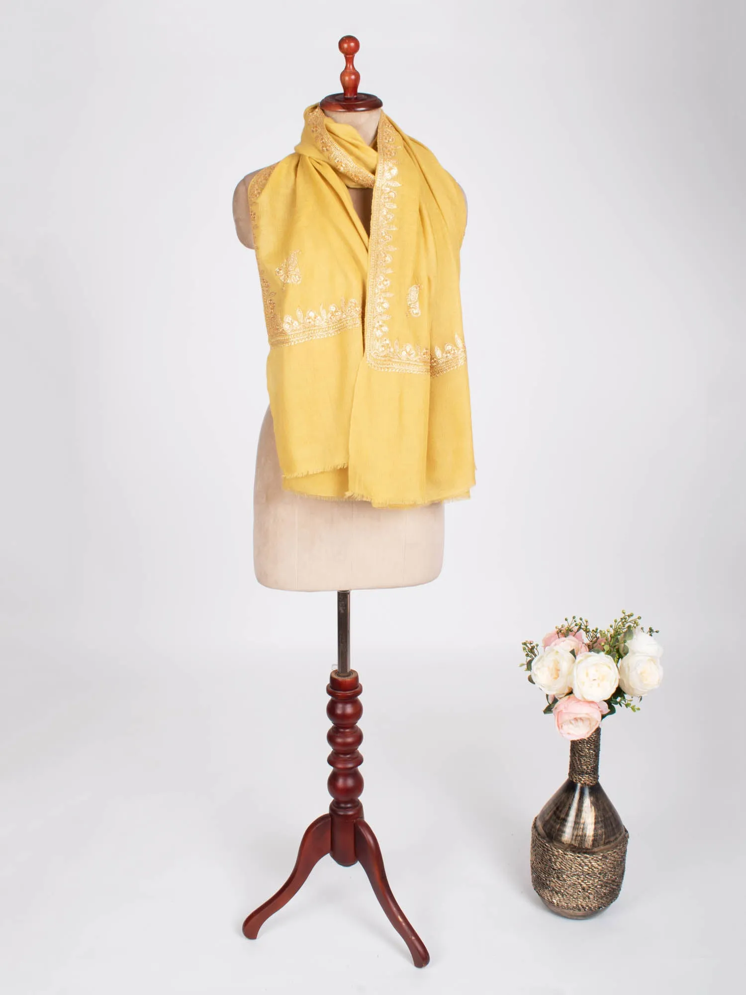 Golden Yellow Tilla Embroidered Stylish Pashmina Shawl - NAUVOO