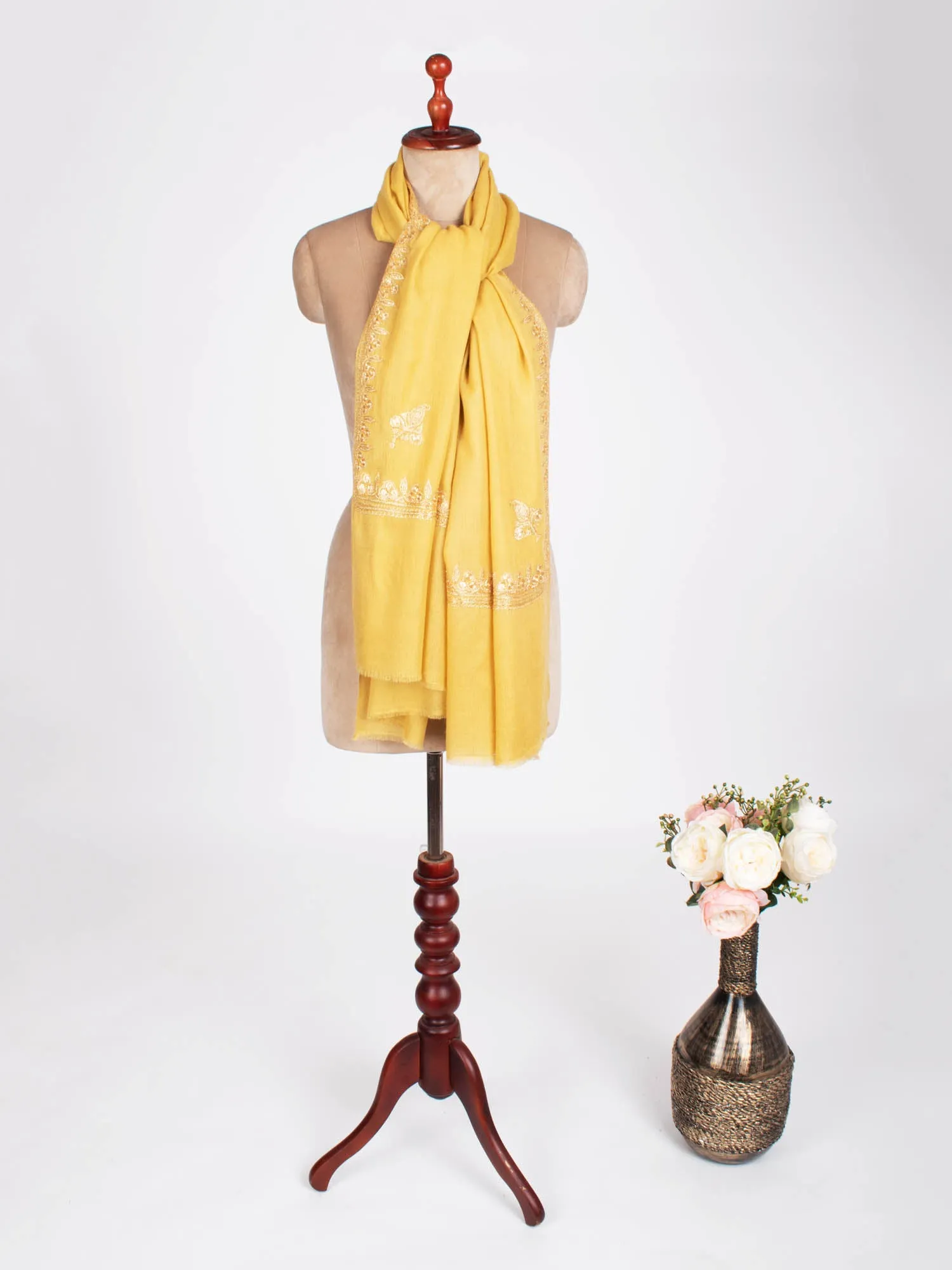 Golden Yellow Tilla Embroidered Stylish Pashmina Shawl - NAUVOO