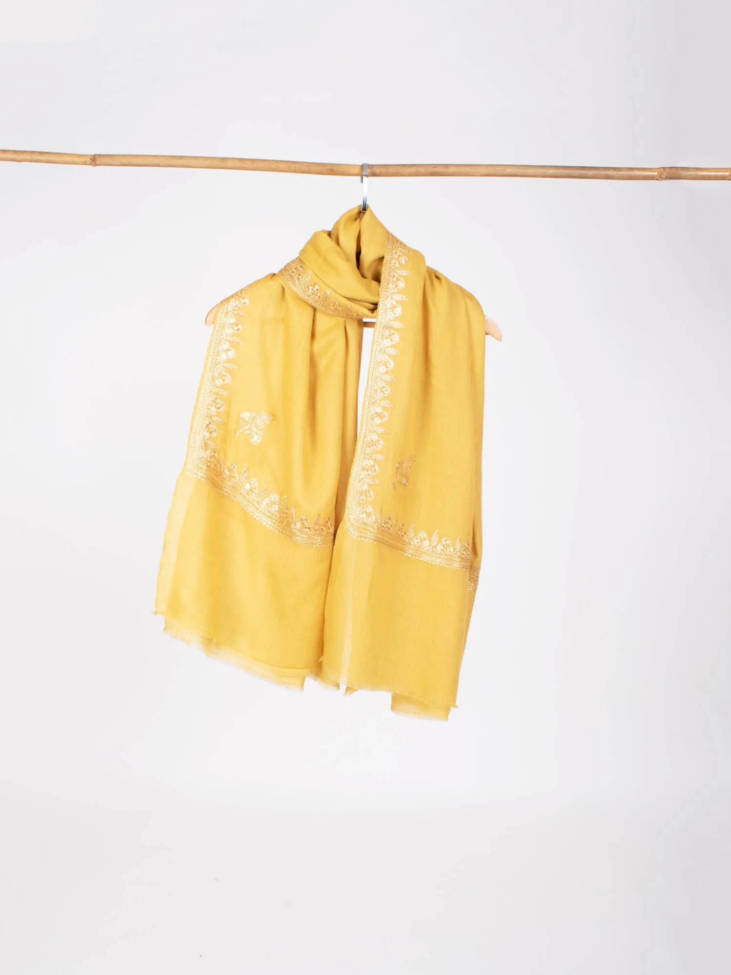 Golden Yellow Tilla Embroidered Stylish Pashmina Shawl - NAUVOO