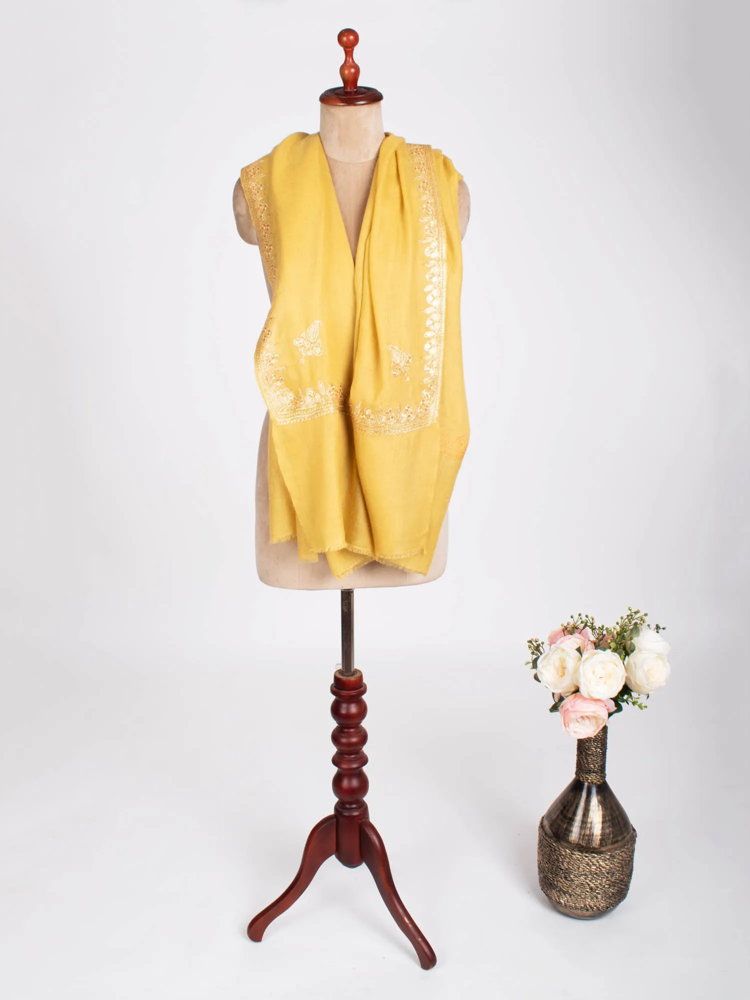 Golden Yellow Tilla Embroidered Stylish Pashmina Shawl - NAUVOO