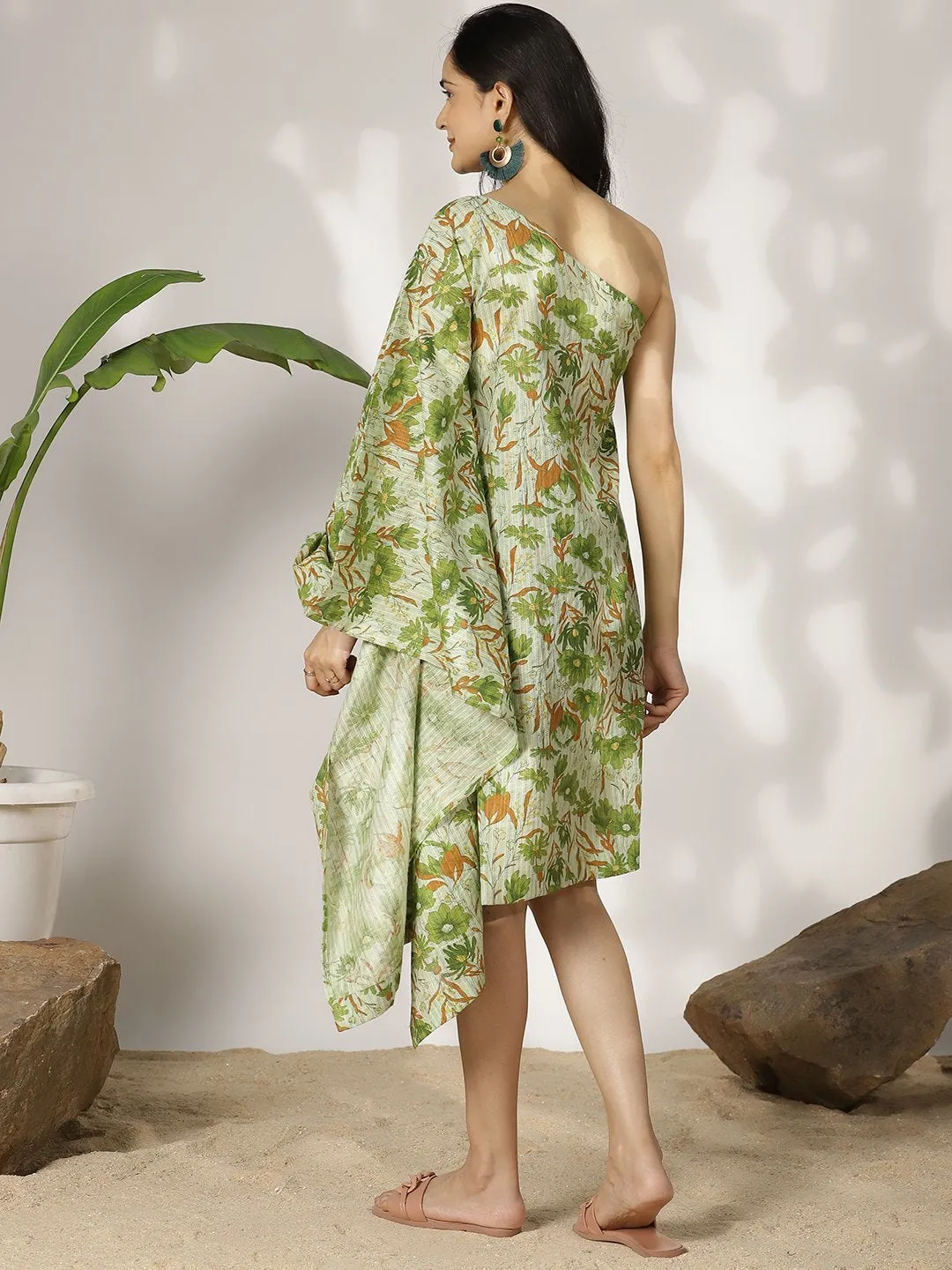 GreenFloral Cotton OneShoulderDress