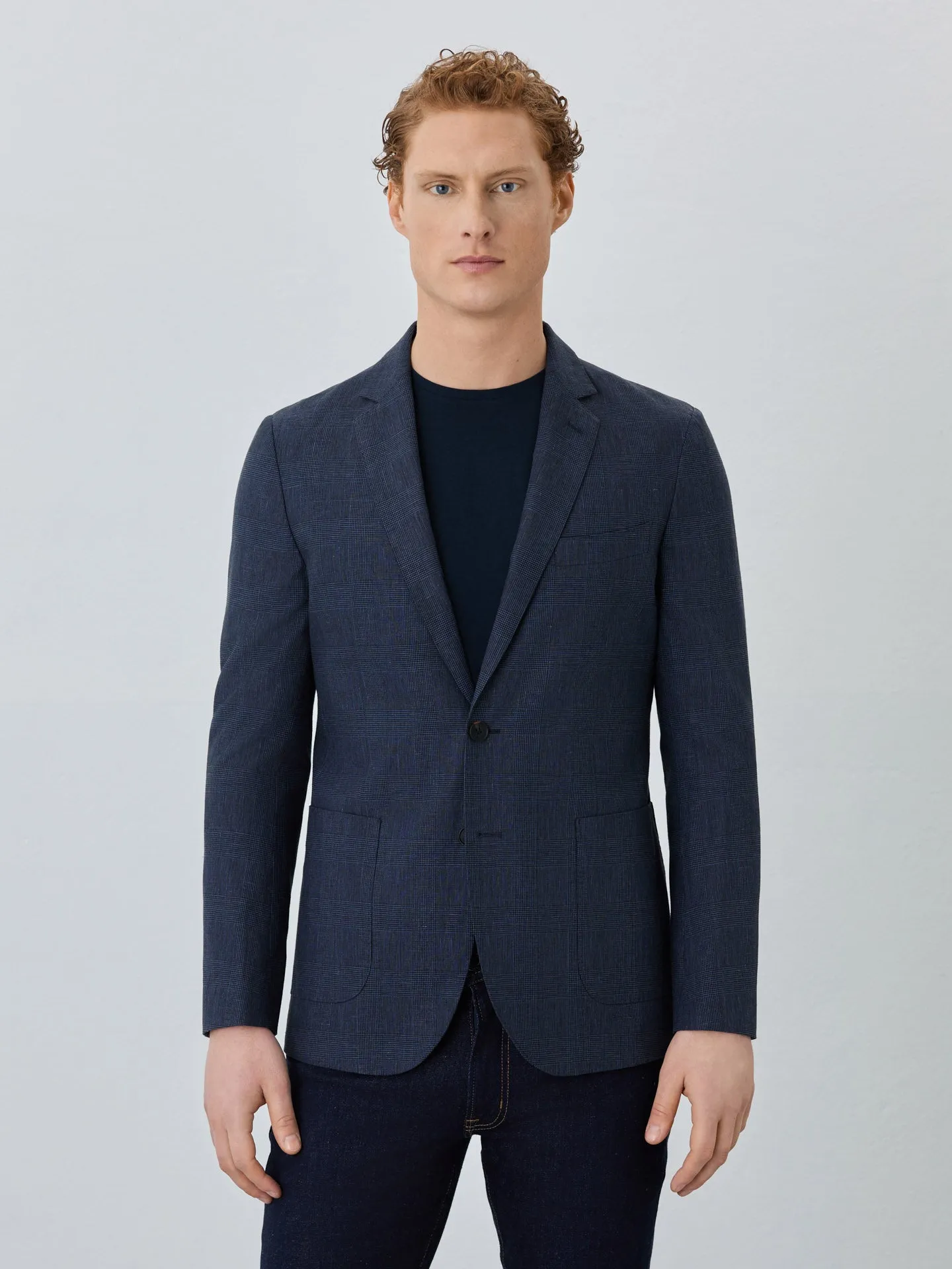 Half-Canvas Checks Blazer With Patch Pockets In Linen