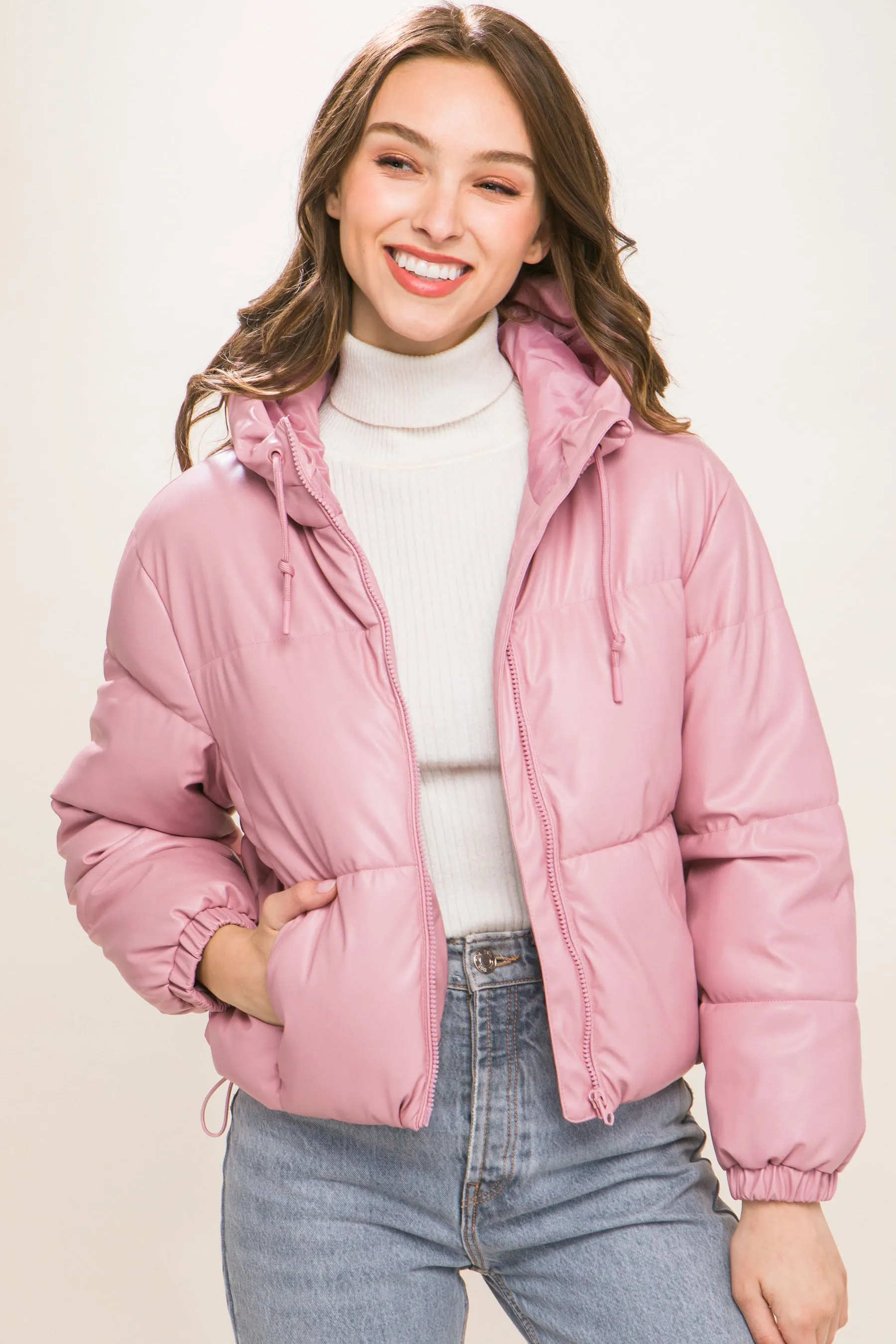 Hot Girl Faux Leather Zipper Hooded Puffer Jacket In Pink