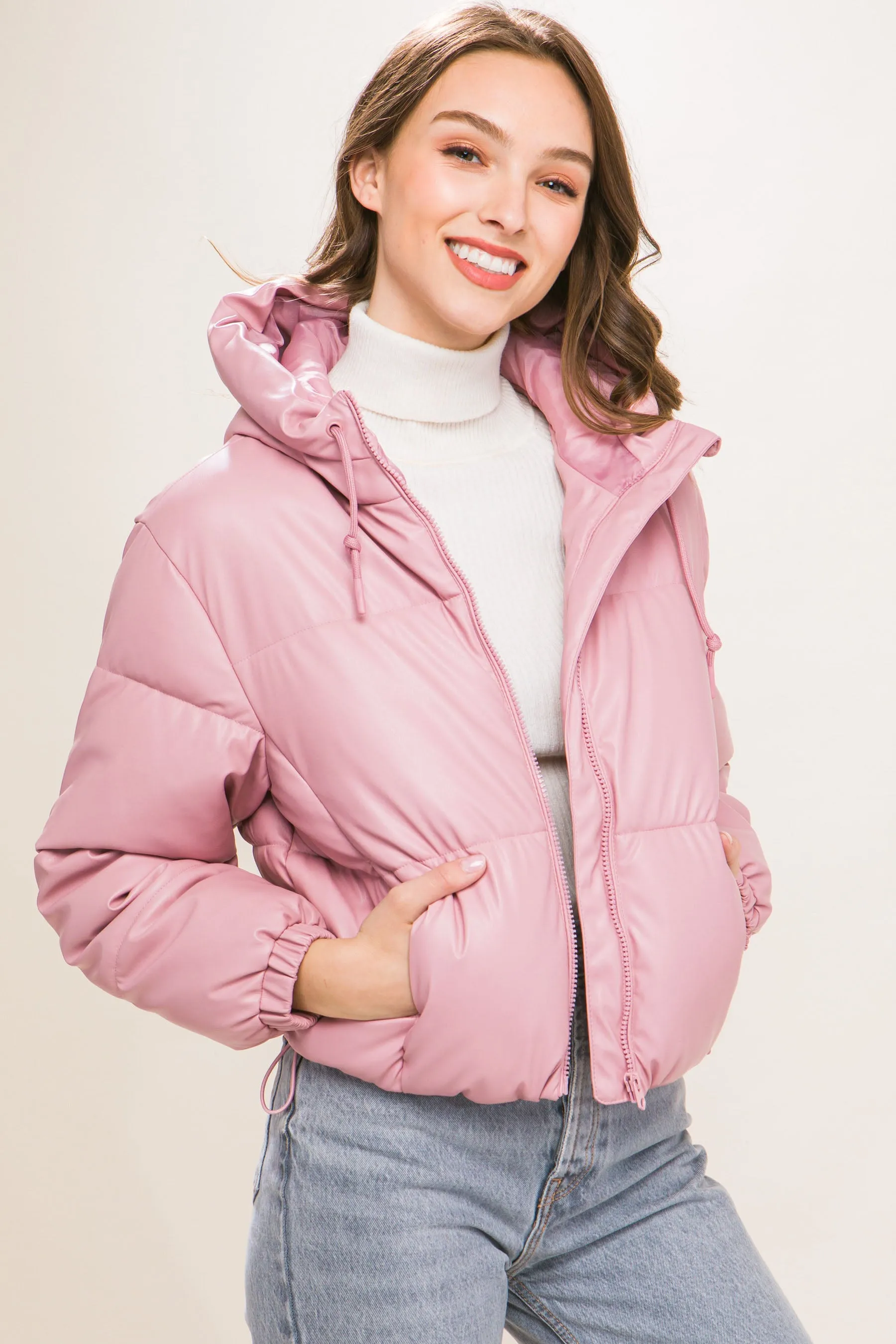 Hot Girl Faux Leather Zipper Hooded Puffer Jacket In Pink