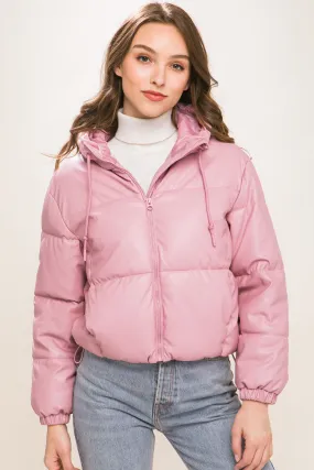 Hot Girl Faux Leather Zipper Hooded Puffer Jacket In Pink