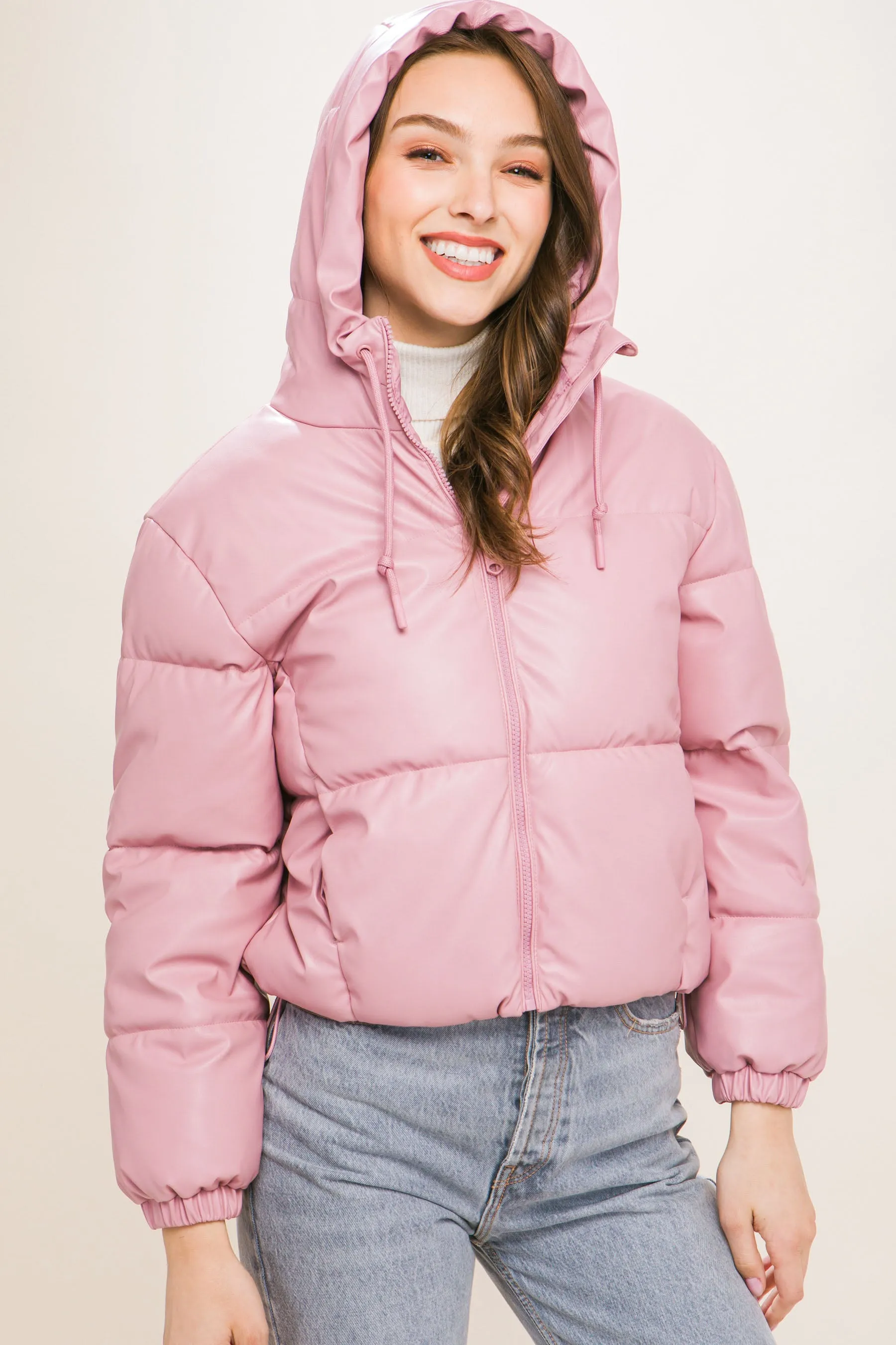 Hot Girl Faux Leather Zipper Hooded Puffer Jacket In Pink