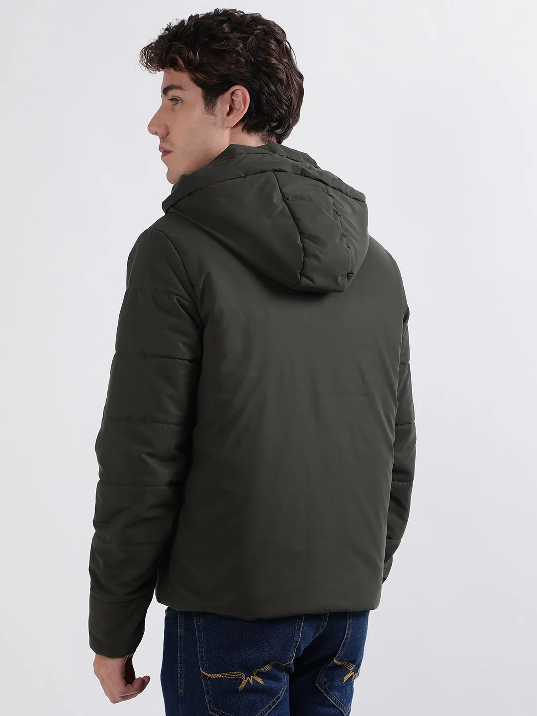 Iconic Men Green Solid Hooded Full Sleeves Puffer Jacket