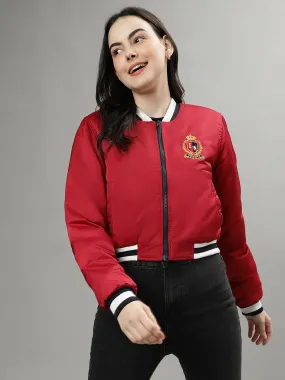 Iconic Women Red Solid Stand Collar Long Sleeves Bomber Jacket