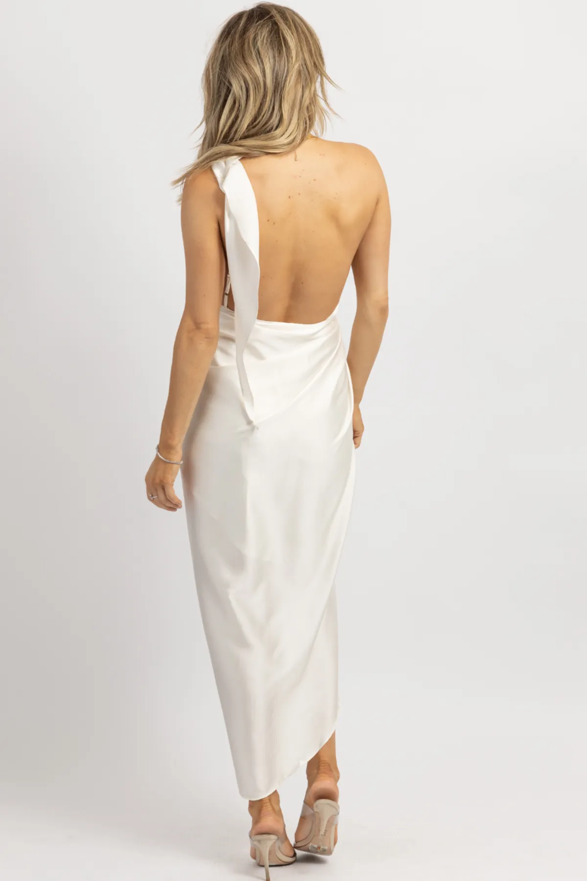 IVORY SATIN ONE SHOULDER WRAP DRESS