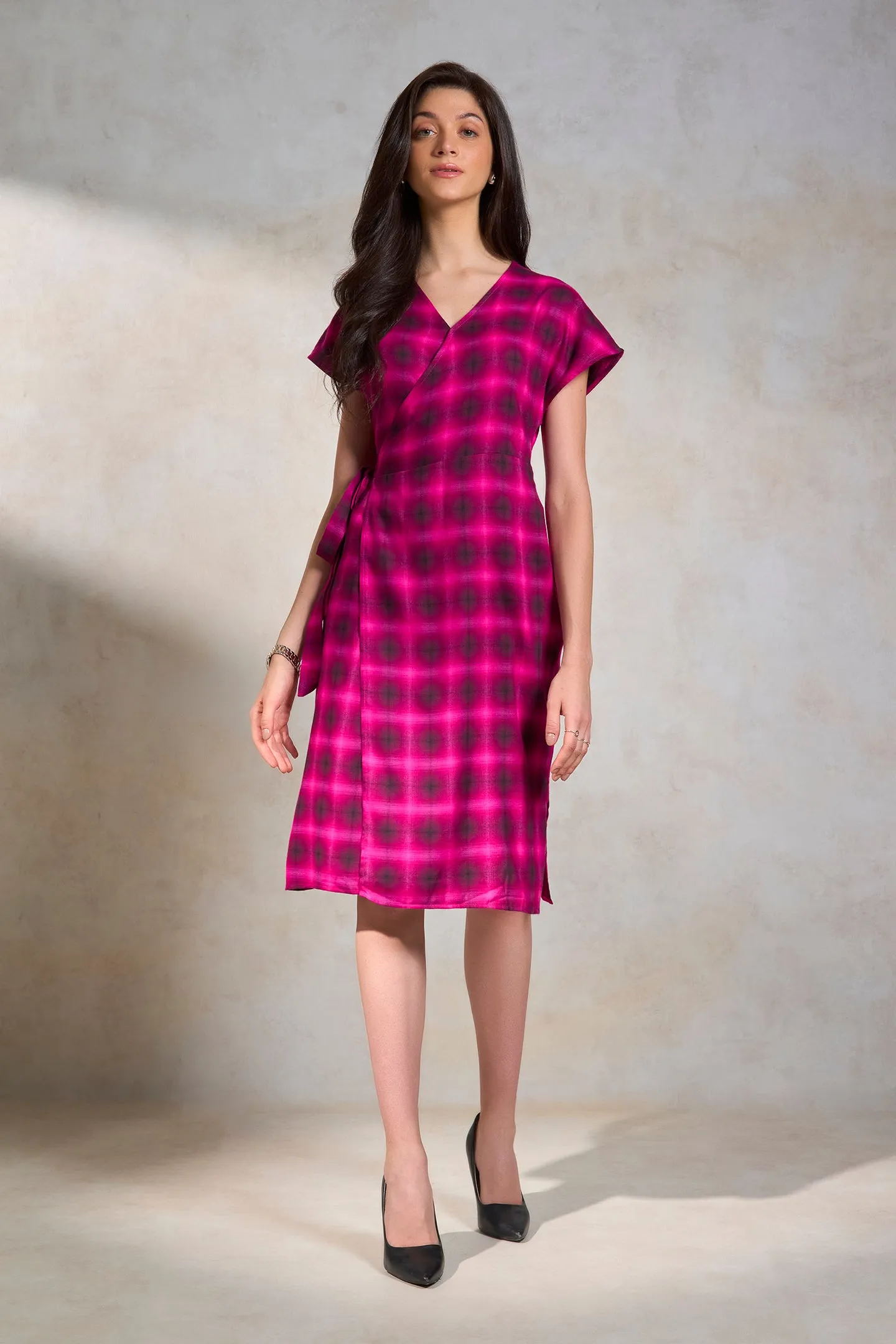 Kaya|Checked Cotton Wrap Dress