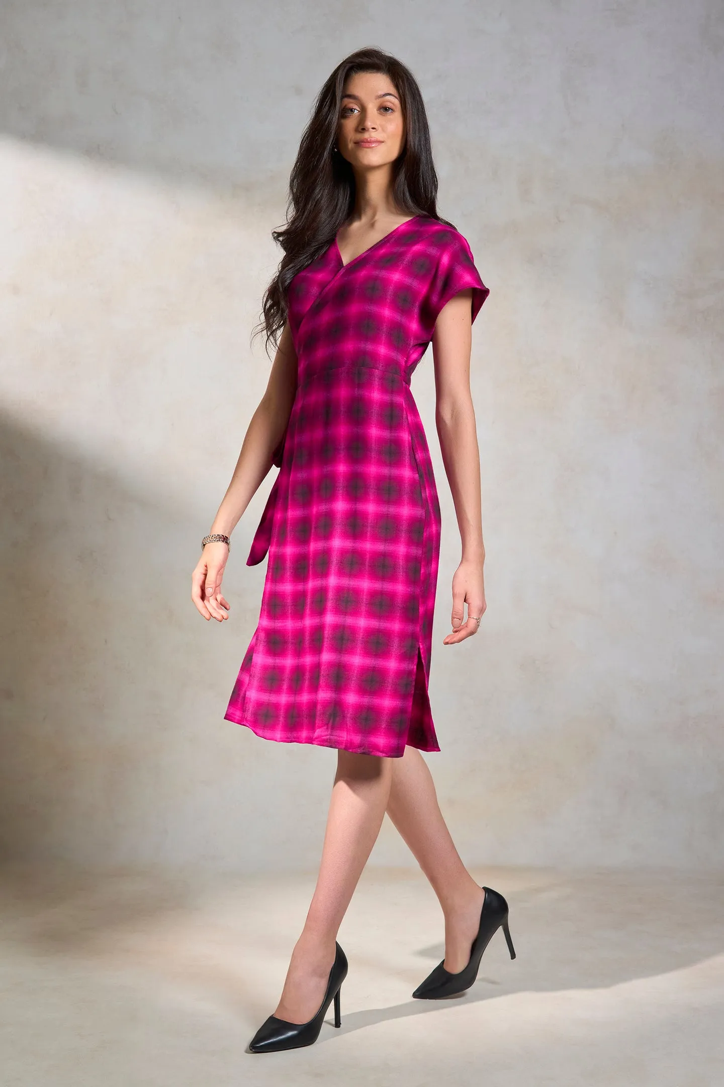 Kaya|Checked Cotton Wrap Dress