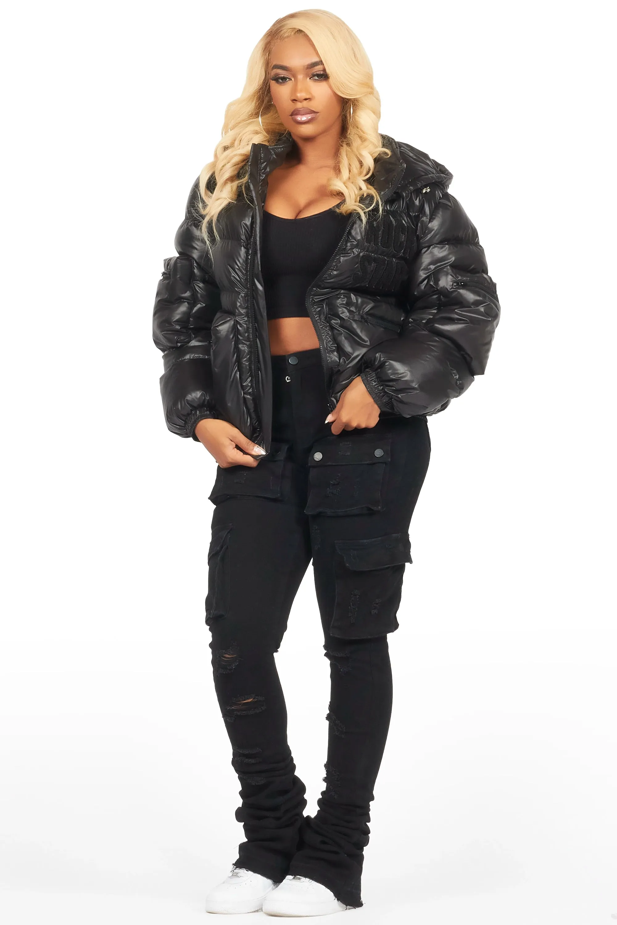 Keisha Black Cargo Puffer Jacket