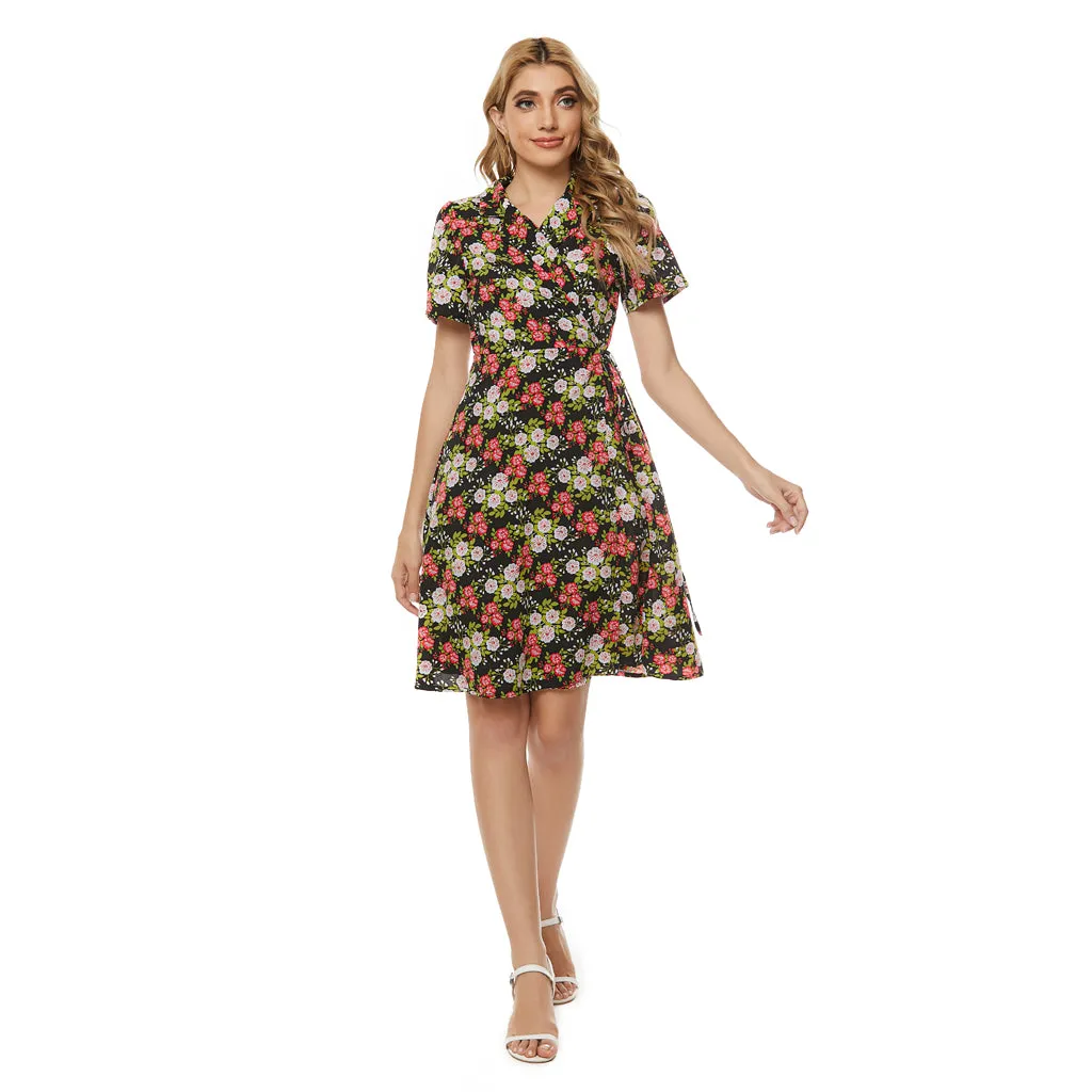 KittenAlarm - Floral Print Notched Lapel Self Tie Wrap Dress