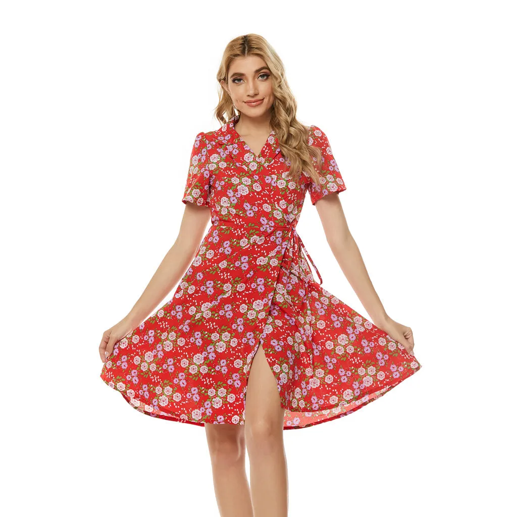 KittenAlarm - Floral Print Notched Lapel Self Tie Wrap Dress