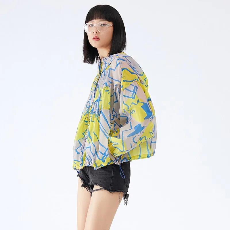 Korean Casual Yellow Print Coat For Women Hooded Batwing Long Sleeve Short Loose Sun Protection Coats Female Summer