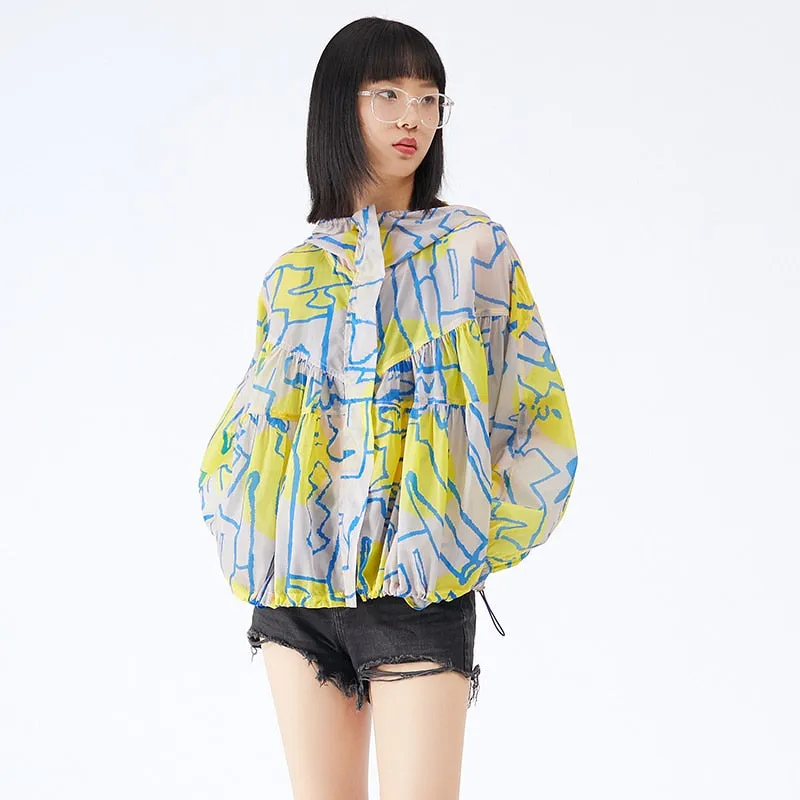 Korean Casual Yellow Print Coat For Women Hooded Batwing Long Sleeve Short Loose Sun Protection Coats Female Summer