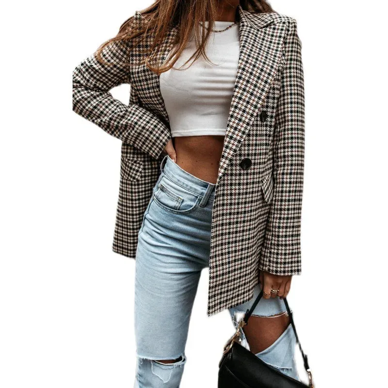 Korean Plaid Long Sleeve Women's Suit Blazer Jacket