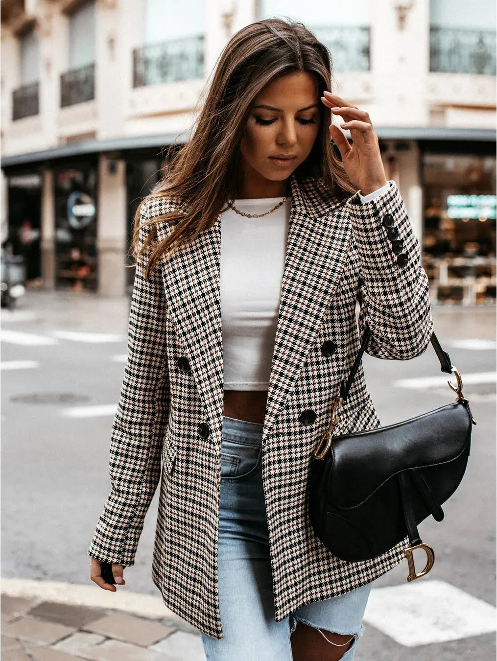 Korean Plaid Long Sleeve Women's Suit Blazer Jacket