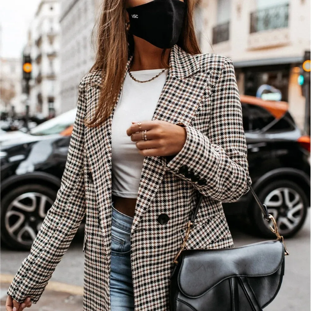 Korean Plaid Long Sleeve Women's Suit Blazer Jacket