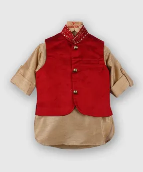 Kurta Pyjama Set In Tussar Silk with Red Velvet Jacket