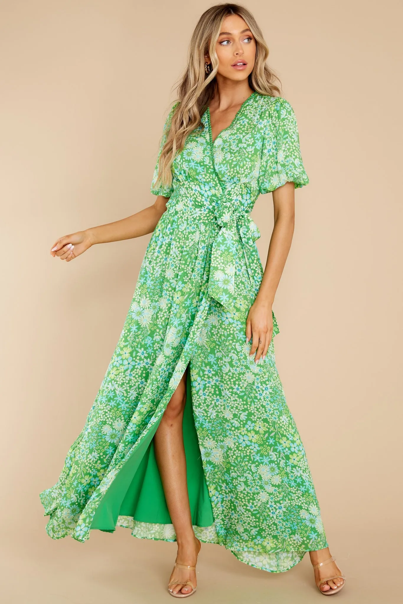 Kyla Printed Bubble Sleeve Wrap Maxi Dress