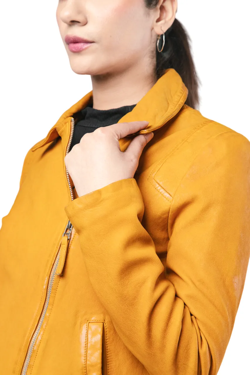 Ladies Fashion Style Yellow Leather Superior Quality Designer Jacket - ELF38