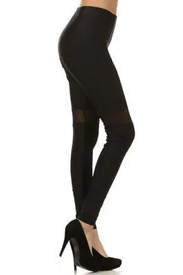 Leggings Pants Shimmer Solid Mesh See Through Panel Stretch Long