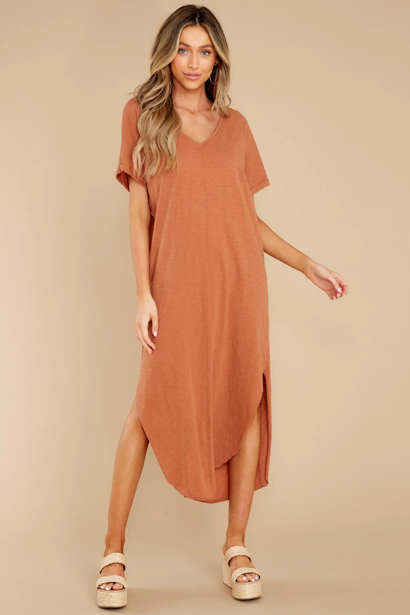 Leia Vintage Brown Slub Midi Dress