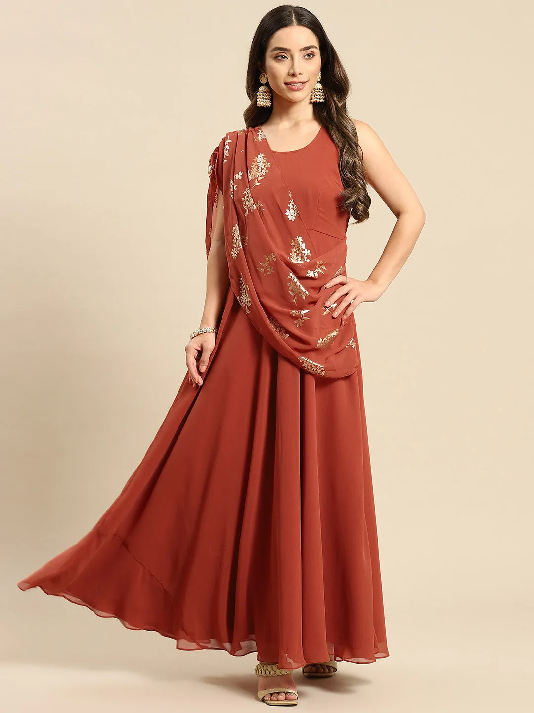 Long flare dress with dupatta drape