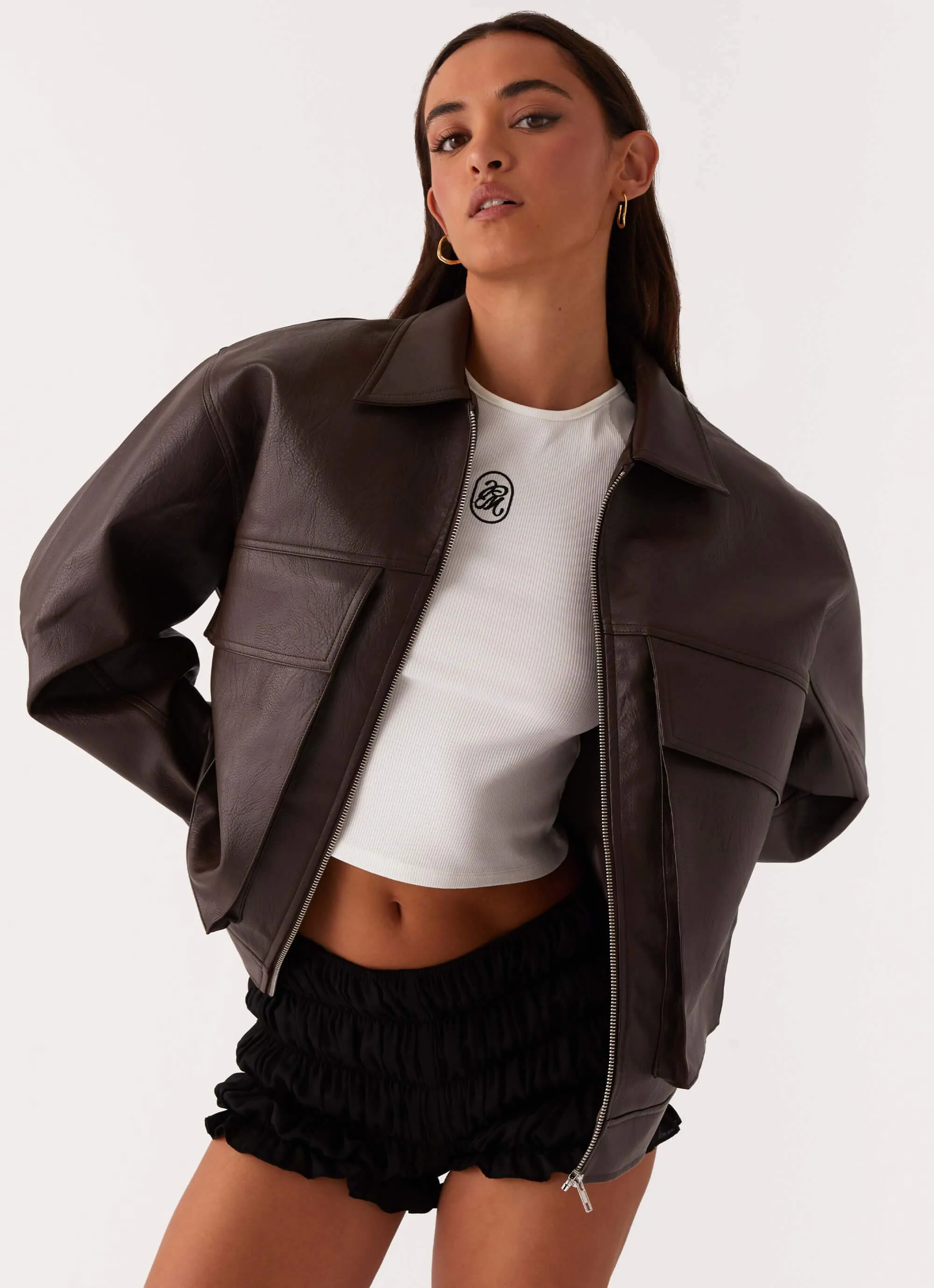 Lula Faux Leather Bomber Jacket - Chocolate