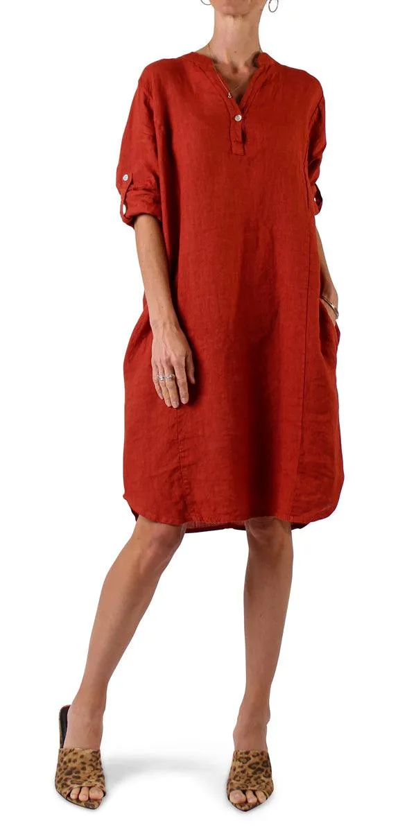 Mandarin Collar Linen Dress