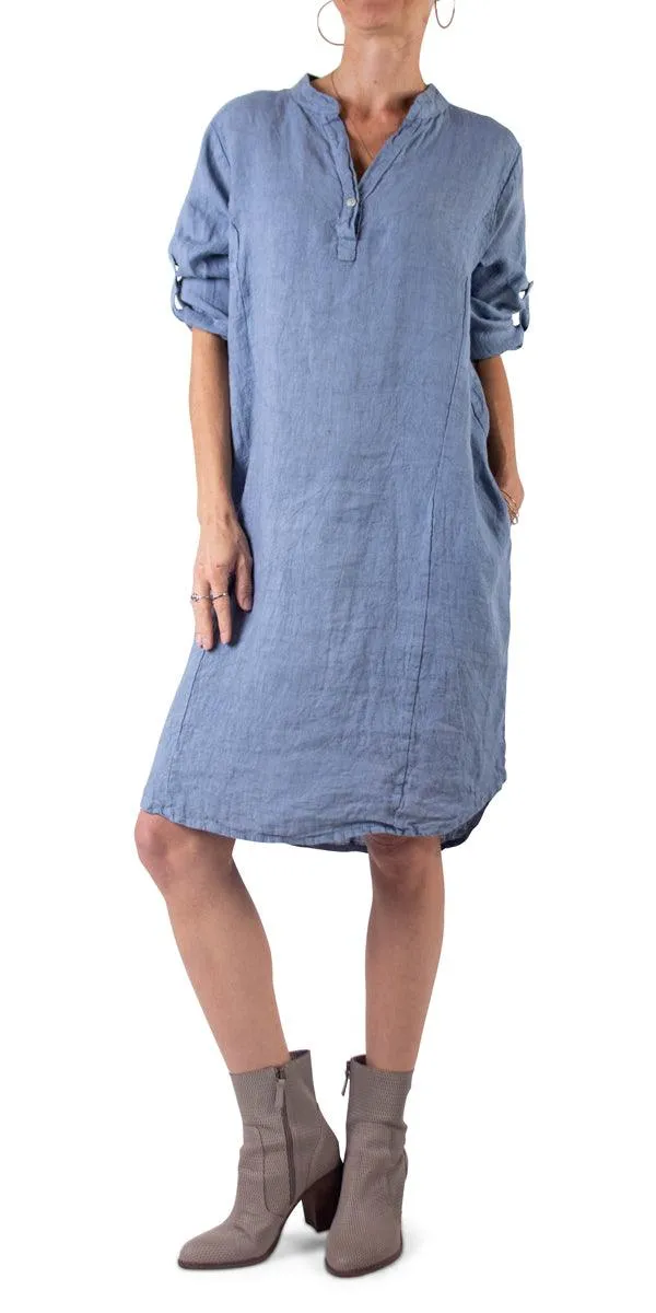 Mandarin Collar Linen Dress