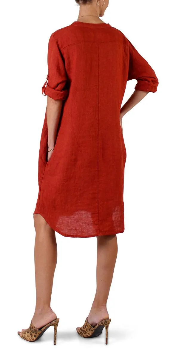 Mandarin Collar Linen Dress