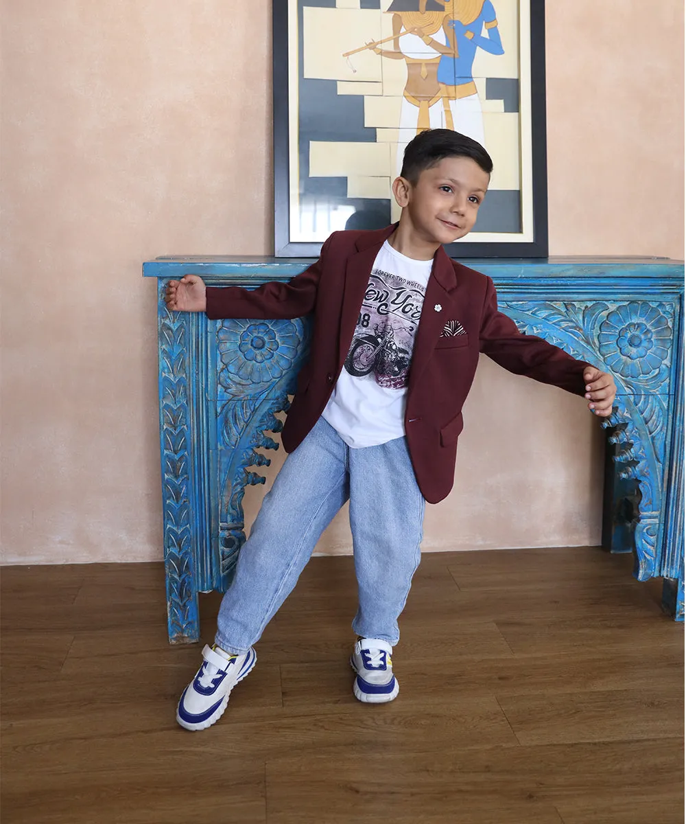 Maroon Coloured Party Wear Blazer Set for Boys