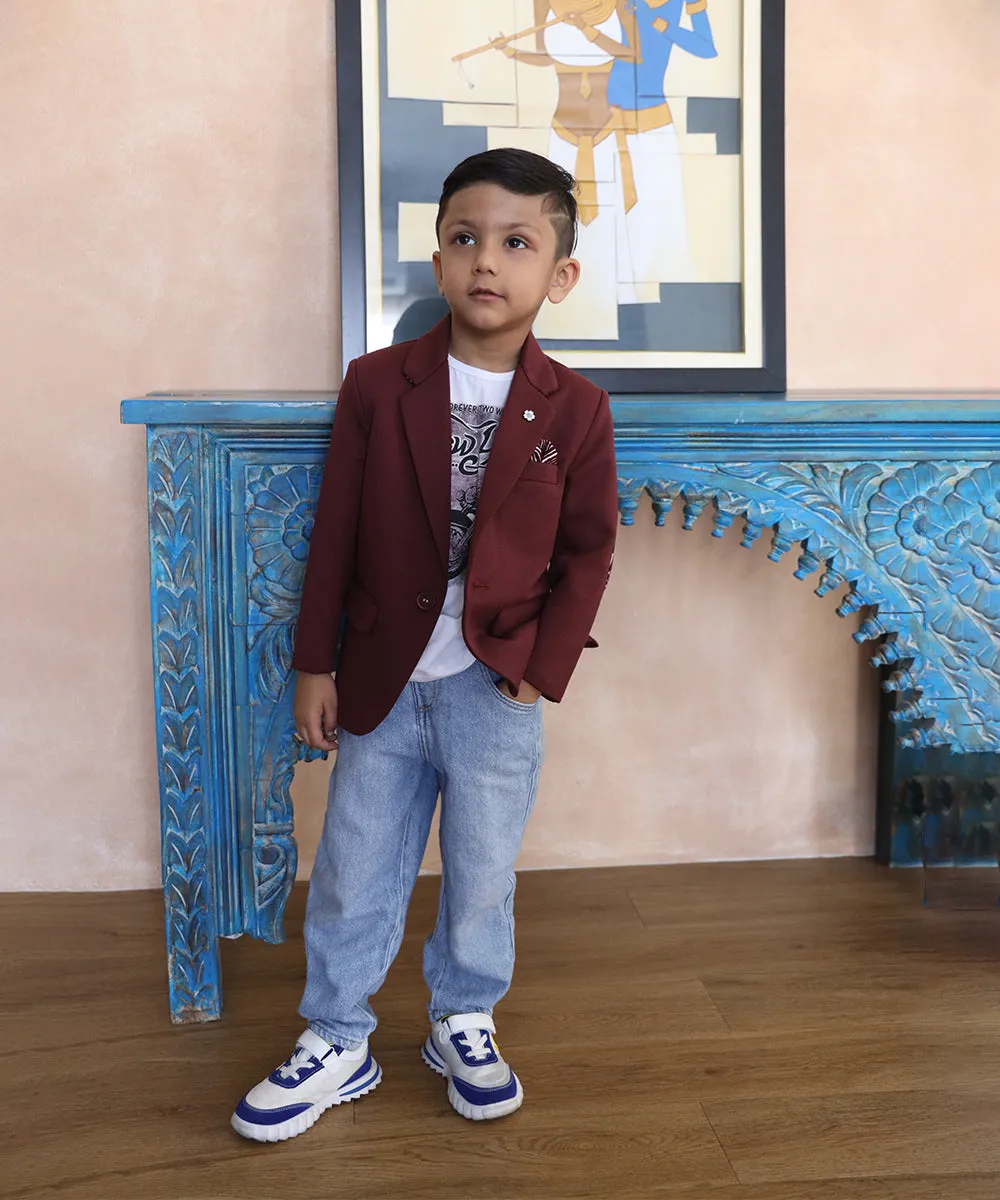 Maroon Coloured Party Wear Blazer Set for Boys