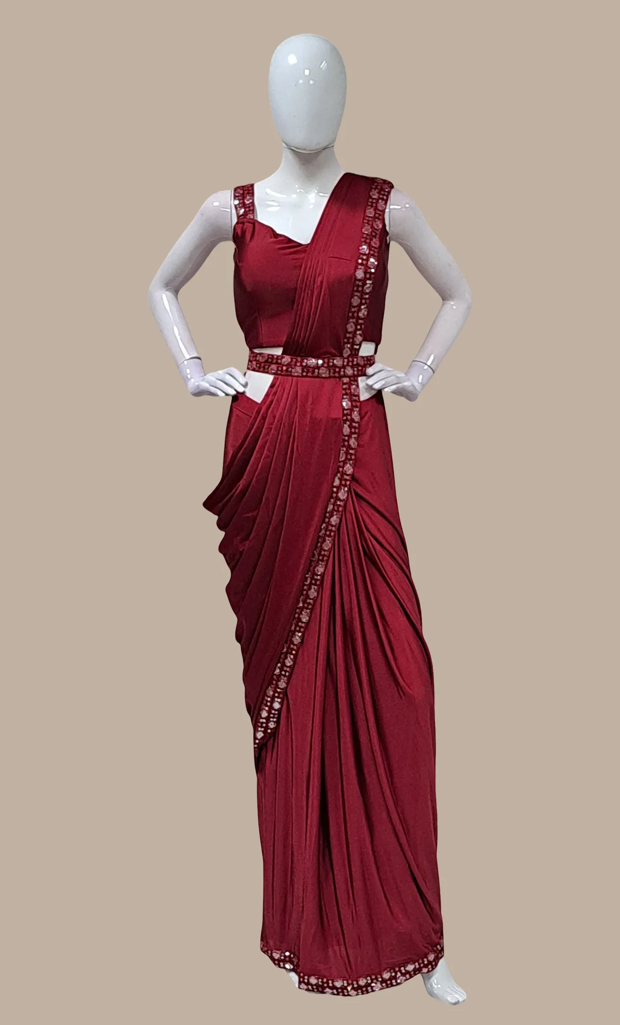 Maroon Ready Sari With Ready Made Blouse