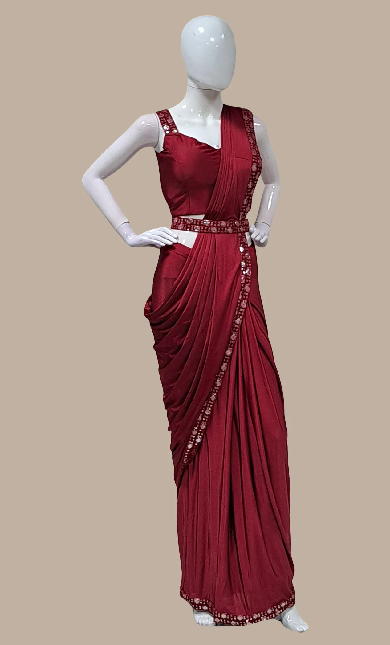 Maroon Ready Sari With Ready Made Blouse