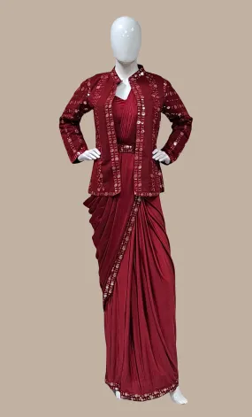 Maroon Ready Sari With Ready Made Blouse